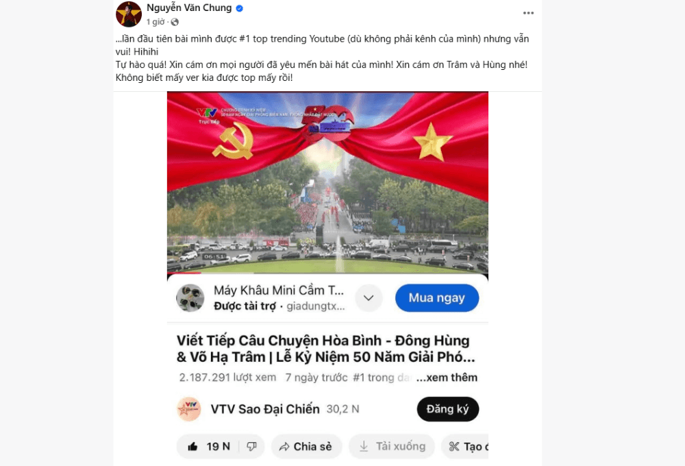 Ca khúc "Viết tiếp câu chuyện hoà bình" song ca cùng Võ Hạ Trâm đạt 3 tỷ view