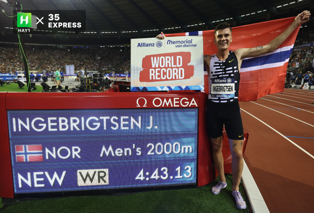  Jakob Ingebrigtsen vui mừng sau khi lập kỷ lục thế giới nội dung 2.000m nam tại Bỉ

