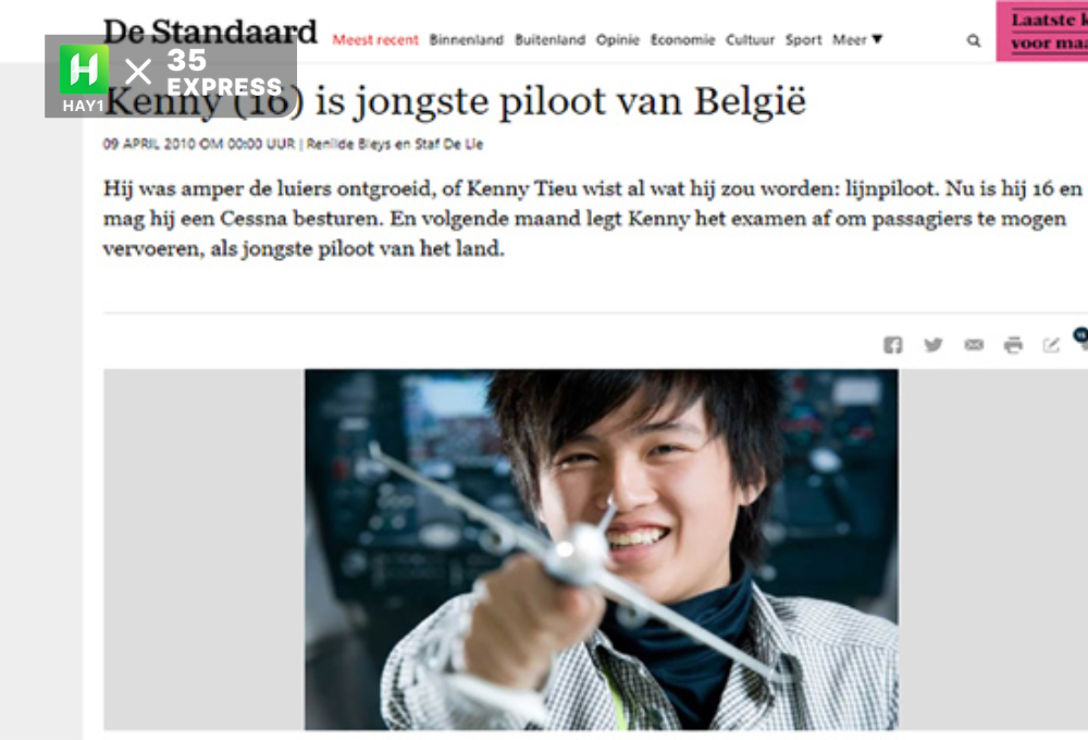  Tờ báo De Standaar (Bỉ) đưa tin khi Kenny Tiêu trở thành phi công trẻ nhất Bỉ
