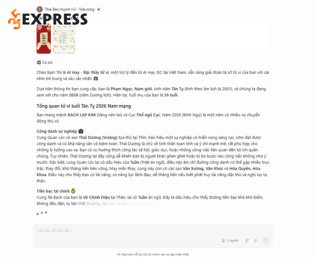 Bước 5: Chatbot AI của AI hay sẽ thực hiện giải đoán lá số tử vi tự động