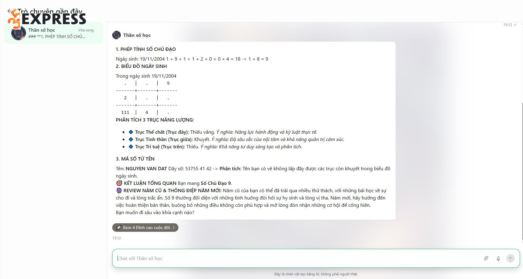 Chatbot AI về thần số học của AI Hay