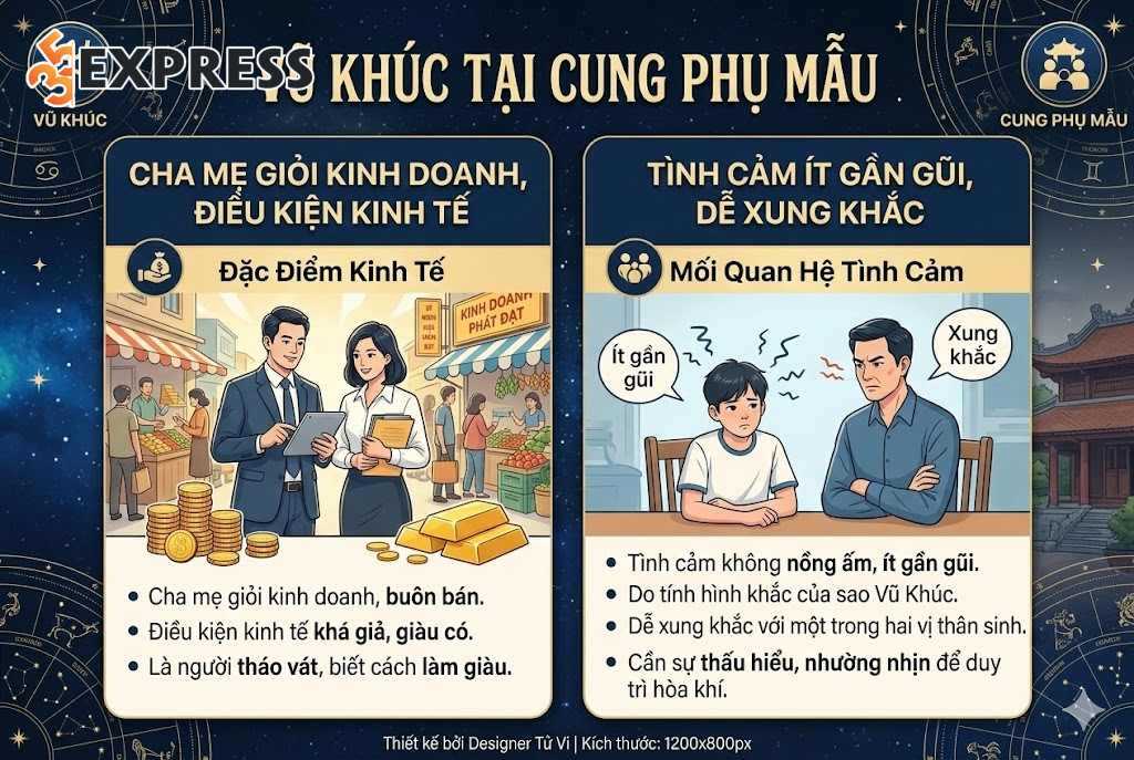 Vũ Khúc tại Cung Phụ Mẫu Cha mẹ giỏi kinh doanh, tình cảm không nồng ấm