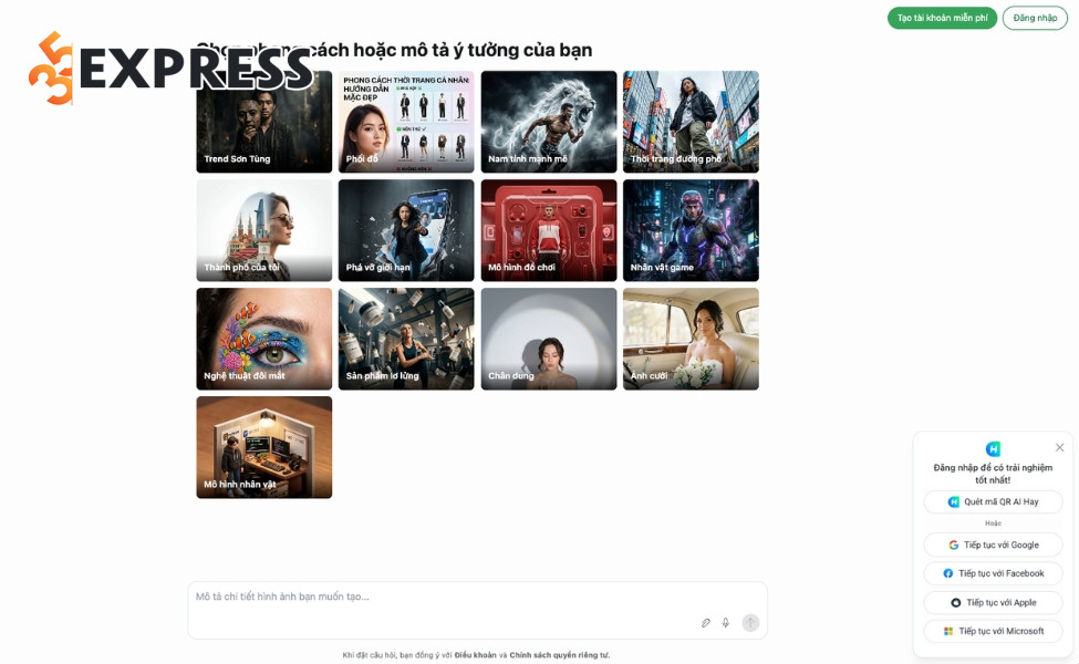 Giao diện Gen ảnh trên website AI Hay
